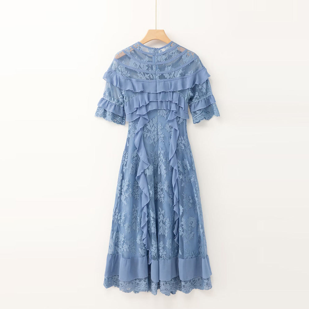 lorraine lace ruffle trim midi dress in blue