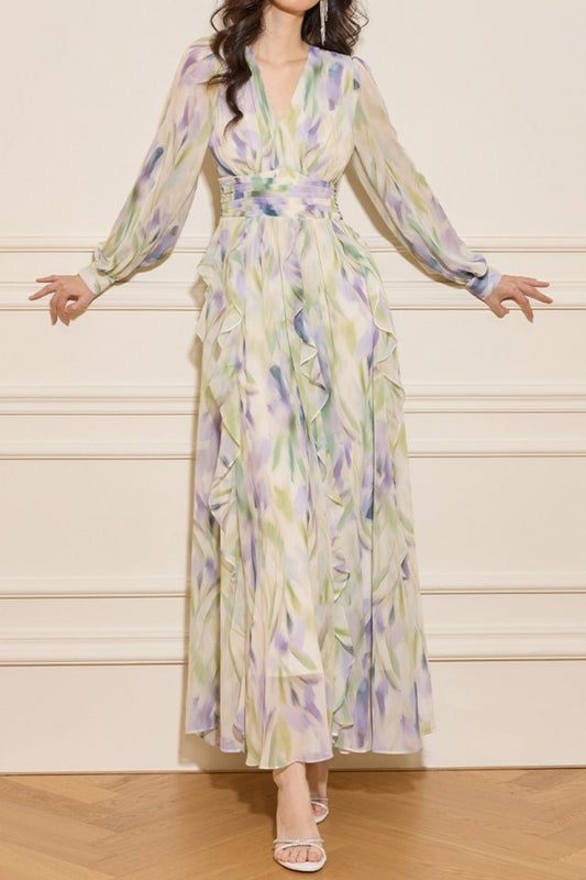 Ellalabel adela multicolor v-neck floral print lantern sleeve maxi dress - Crafted from High-quality Fabrication- Ideal for Wedding Guest and Formal Galas.