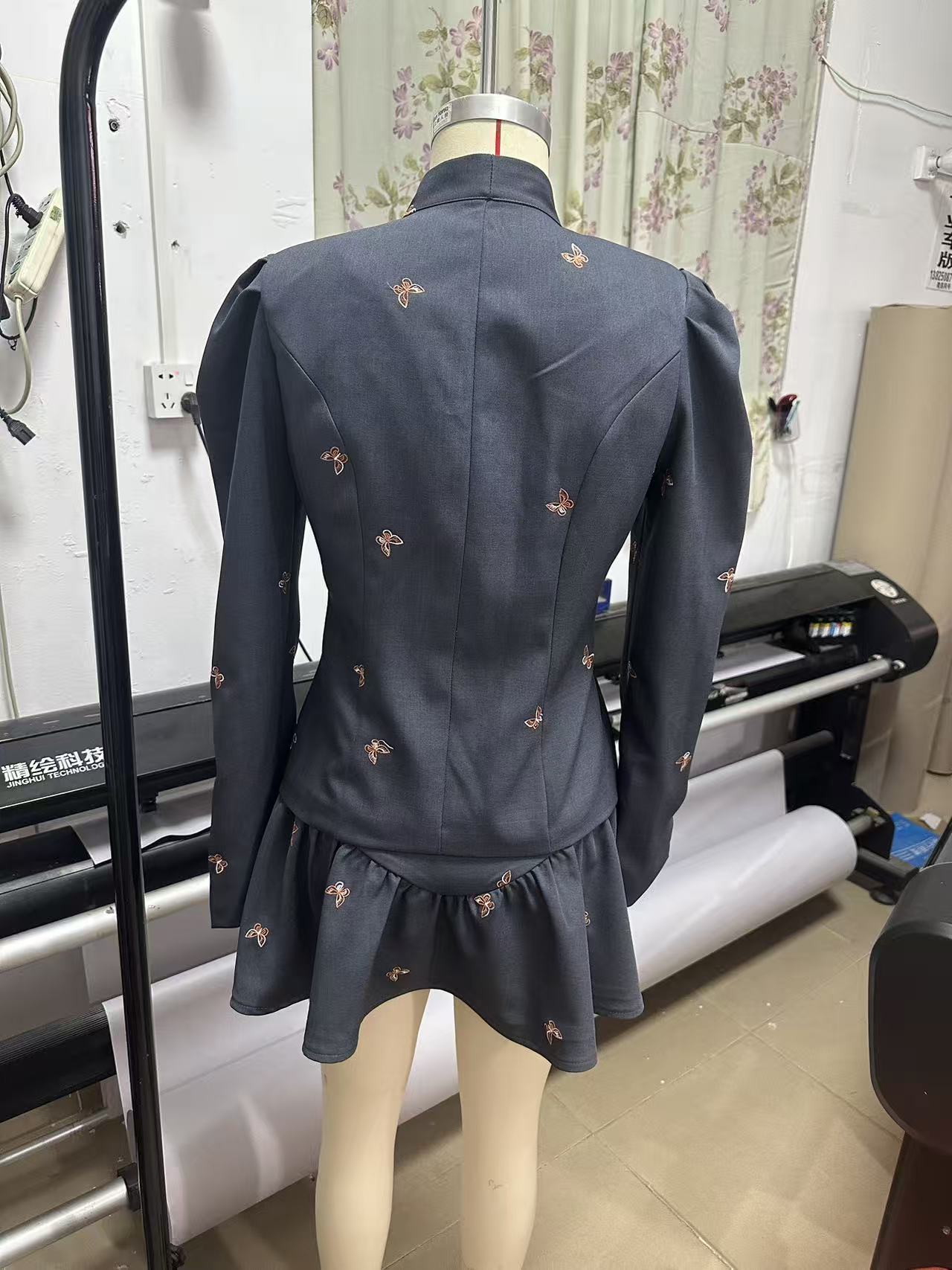 meroy dark grey Butterfly Embroidered blazer mini skirt Set