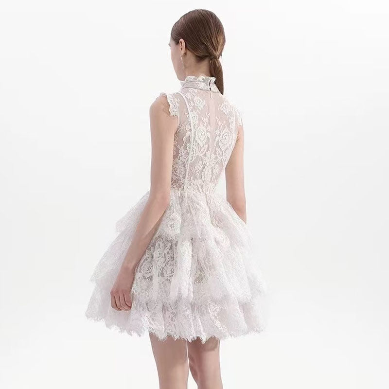 Sleeveless Stand Collar Lace Tutu mini dress in white