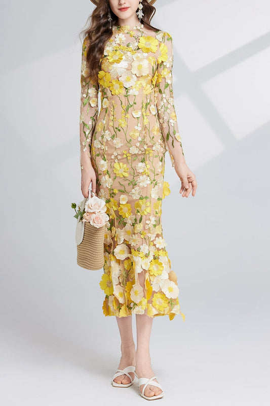 Ellalabel CAROL YELLOW FLORAL EMBROIDERY MESH LONG SLEEVE MIDI DRESS - Crafted from High-quality Fabrication- Ideal for Wedding Guest and Formal Galas.
