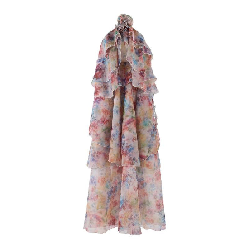 novia multicolor floral print layer halter midi dress