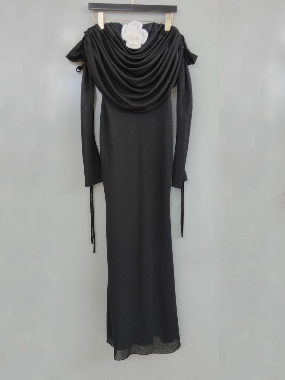 roberta off-shoulder flower embellished pleated maxi dress in black