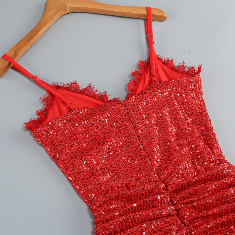 gloria high slit pleated sequin maxi dress in red