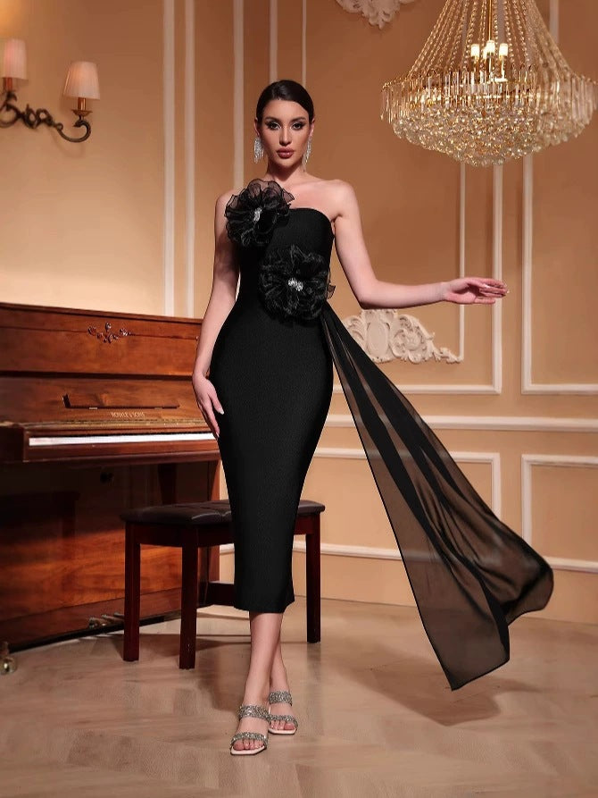 janice 3d flower rhinestone strapless midi dress in black