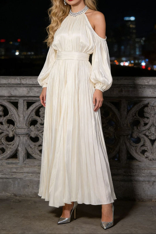 Ellalabel natividad apricot off shoulder pleated puff sleeve maxi dress - Crafted from High-quality Fabrication- Ideal for Wedding Guest and Formal Galas.