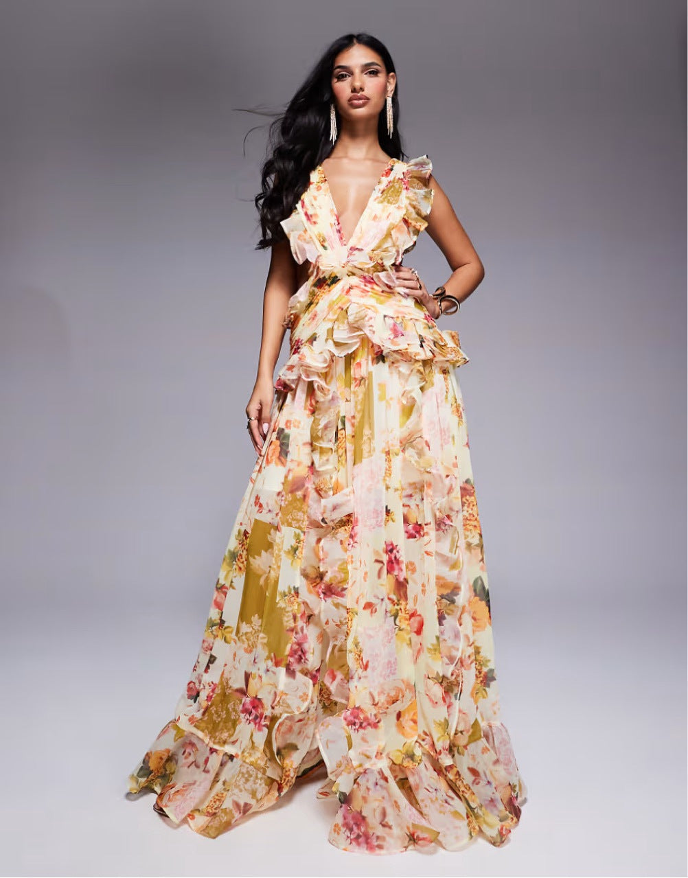 salome floral print backless ruffle hem maxi dress