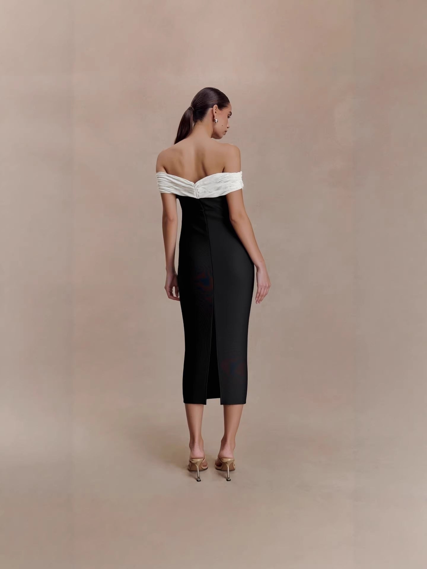 louise beading rhinestone strapless midi dress in black