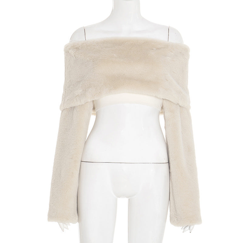 Whitney faux fur off-shoulder long sleeve top in beige