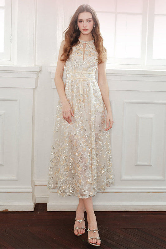 Ellalabel Gabriella Gold Couture with Floral Embroidery Sequin Banquet Dress in As shown - Crafted from Shimmering Hand-stitched Sequins- Perfect for Garden Parties and Resort Wear.