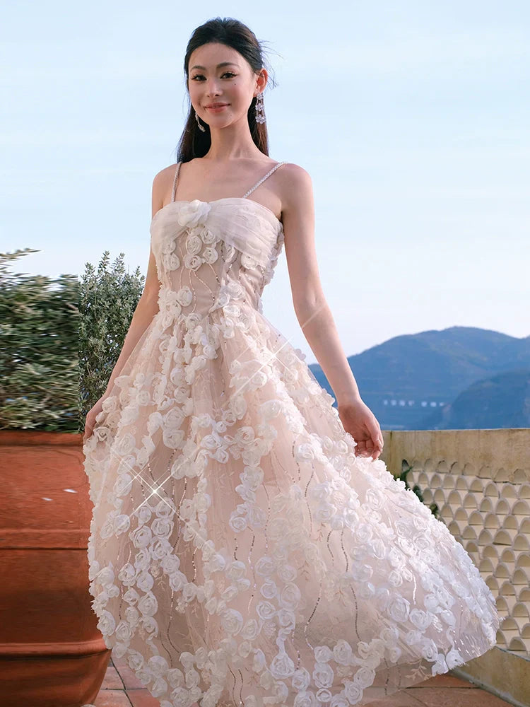 Aubrey White/Beige Sleeveless  Flower Dress