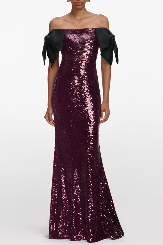 Ellalabel ellen Bow Detail Bardot Sequin Maxi Dress In burgundy - Crafted from Shimmering Hand-stitched Sequins- Ideal for Wedding Guest and Formal Galas.