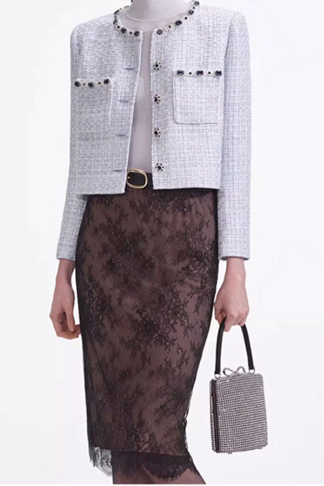 christine pale blue beaded Embellished Tweed Jacket