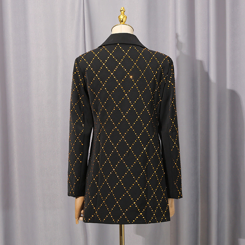 Stylish black dress | dolores black Folded Collar Rhinestone Blazer - Ideal for special occasions