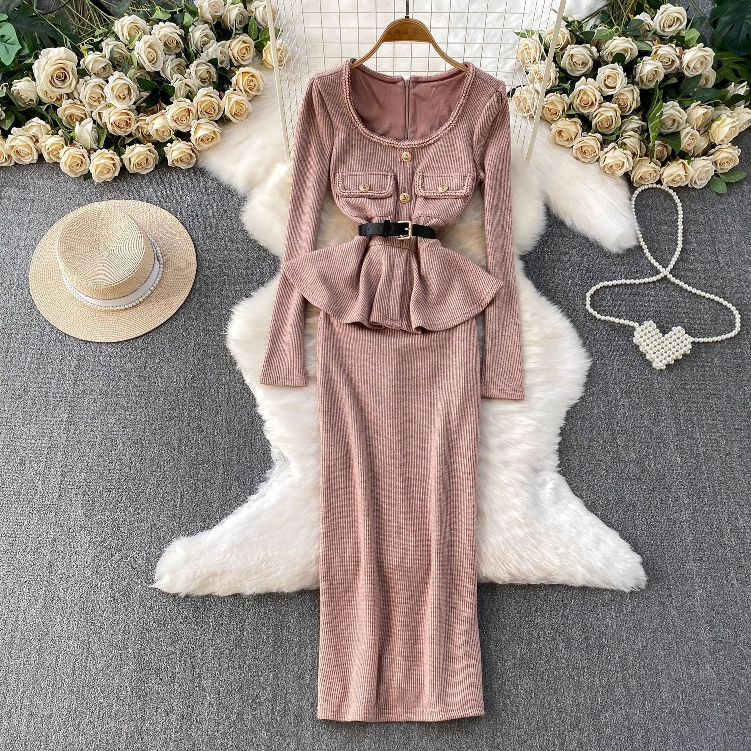 Skylar U Neck Long Sleeve Falbala Knit Midi Dress in pink