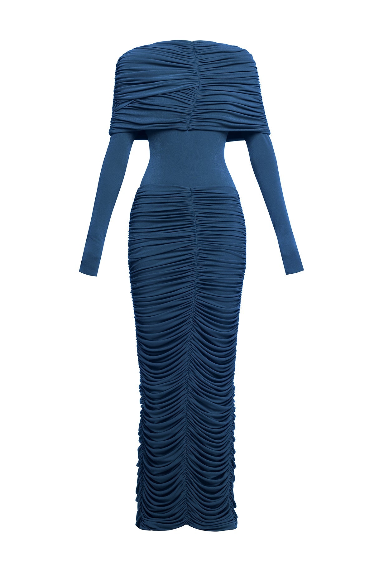 irma navy pleated Form-fitting maxi dress with asymmetrical draped shoulder