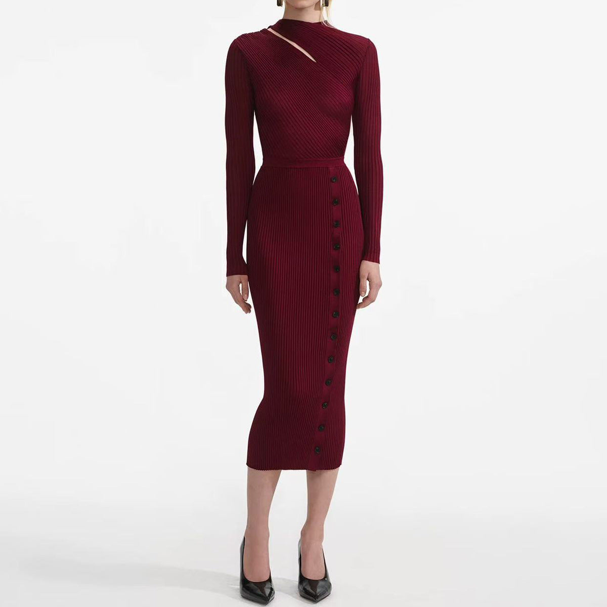 murray Cutout Ribbed Knit Midi Dress - Wine