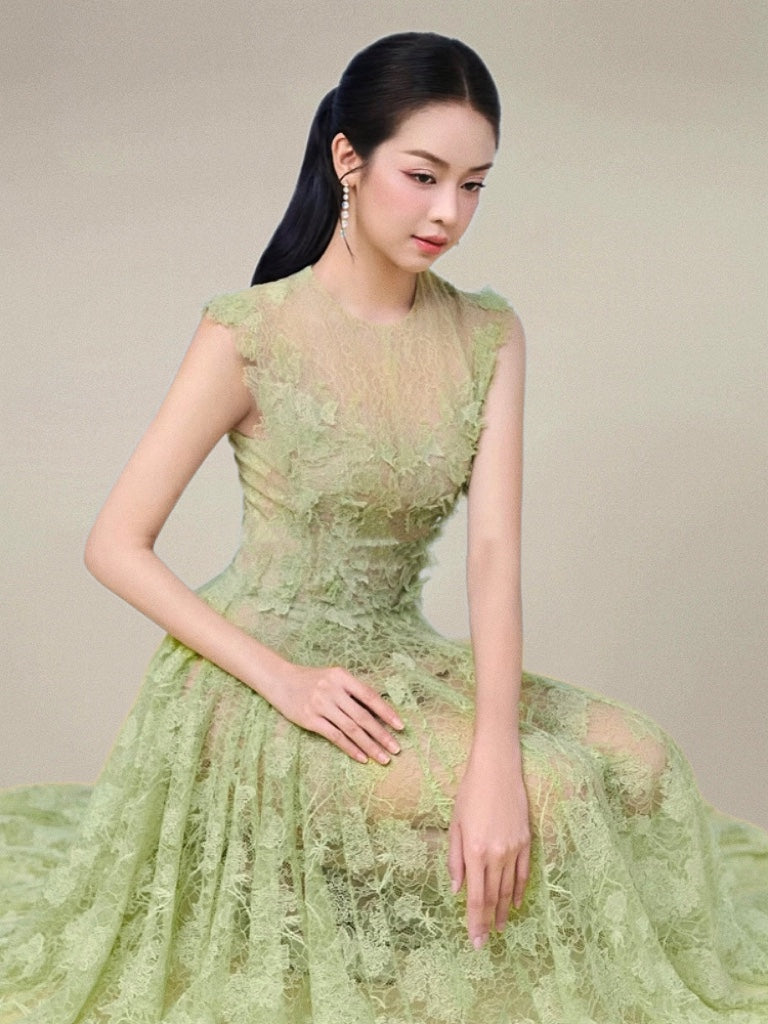 yedda green Lace Flower embellished maxi Dress