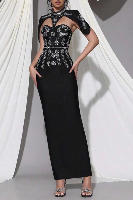 Ellalabel Tiffany black Shawl-embellished diamond bandage maxi dress - Crafted from High-quality Fabrication- Ideal for Wedding Guest and Formal Galas.