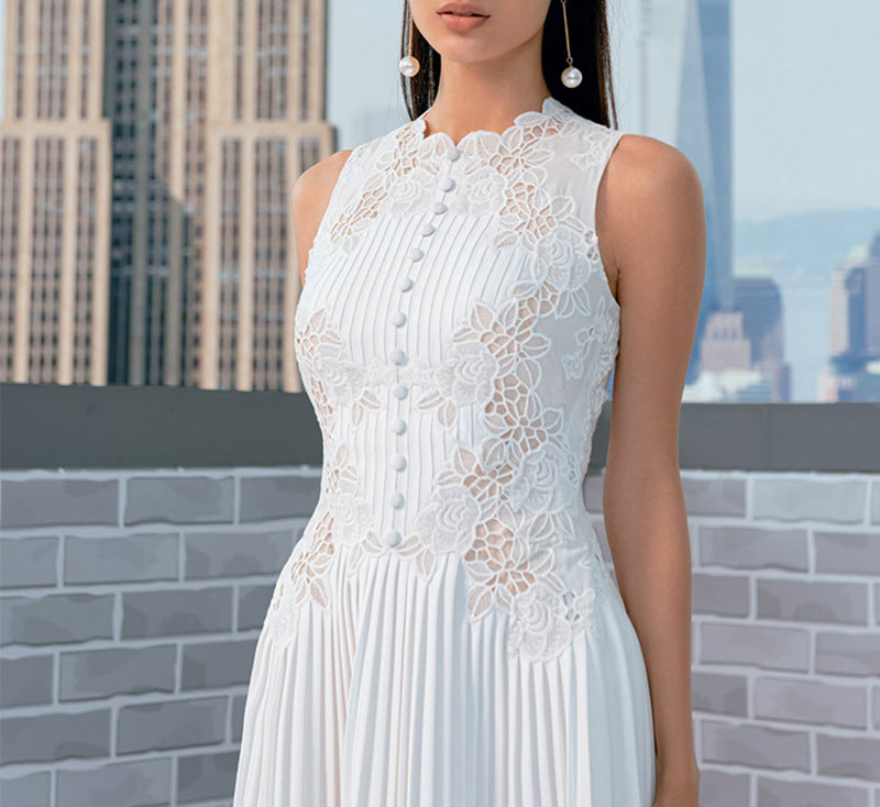 shirley white lace embroidery pleated midi dress