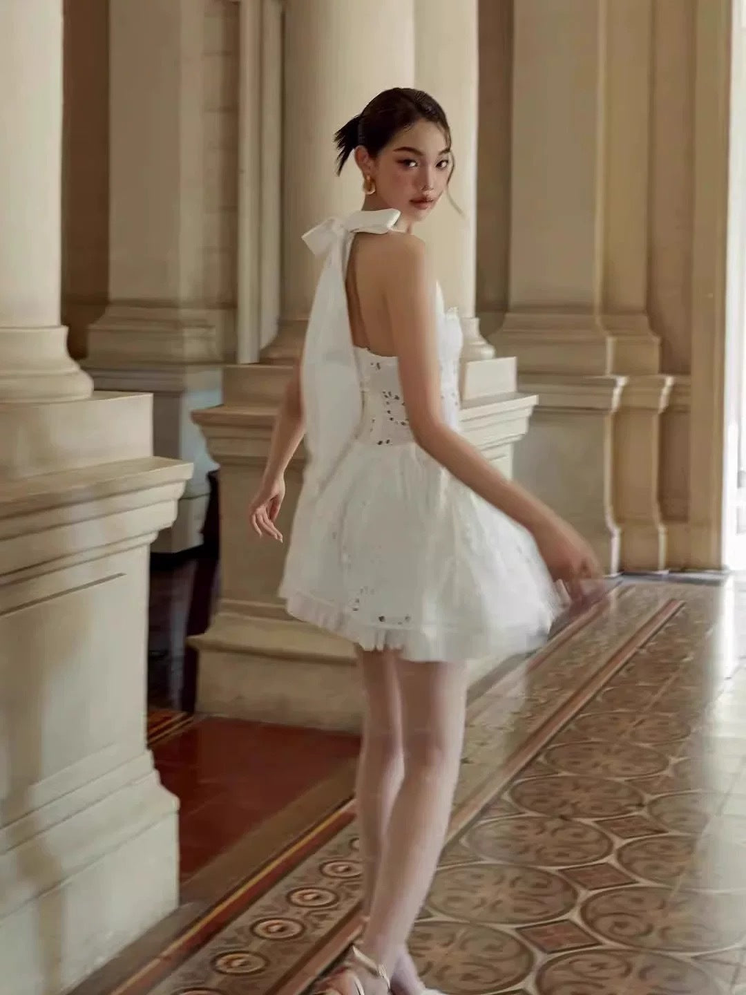 Stylish red dress | halter embroidered hollow mini dress in white - Ideal for special occasions