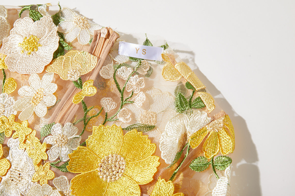 CAROL YELLOW FLORAL EMBROIDERY MESH LONG SLEEVE MIDI DRESS