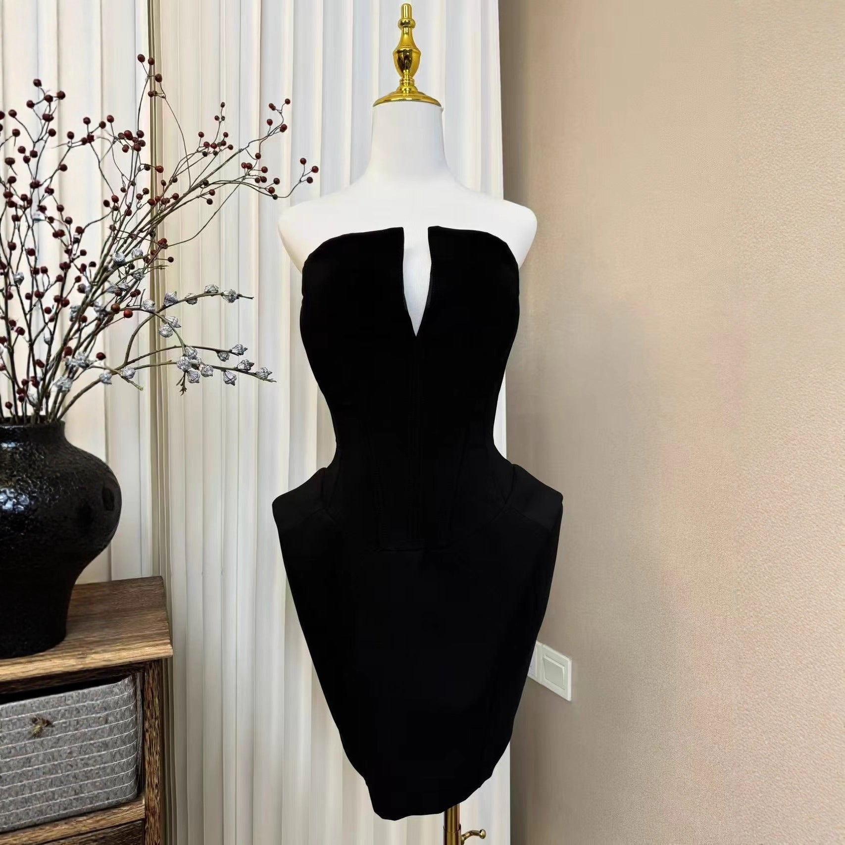 annabelle black Folded Collar Corset Mini Dress