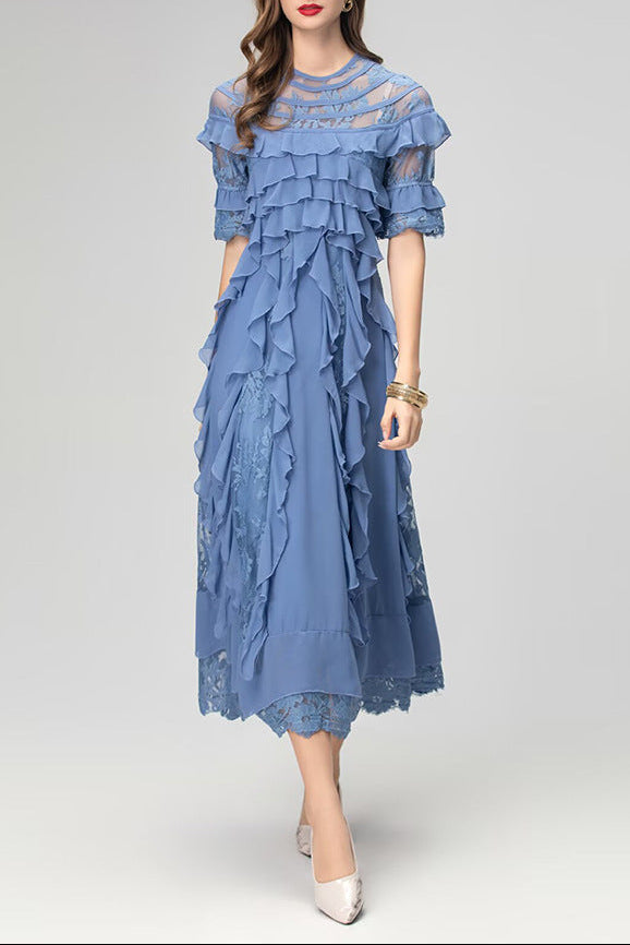lorraine lace ruffle trim midi dress in blue