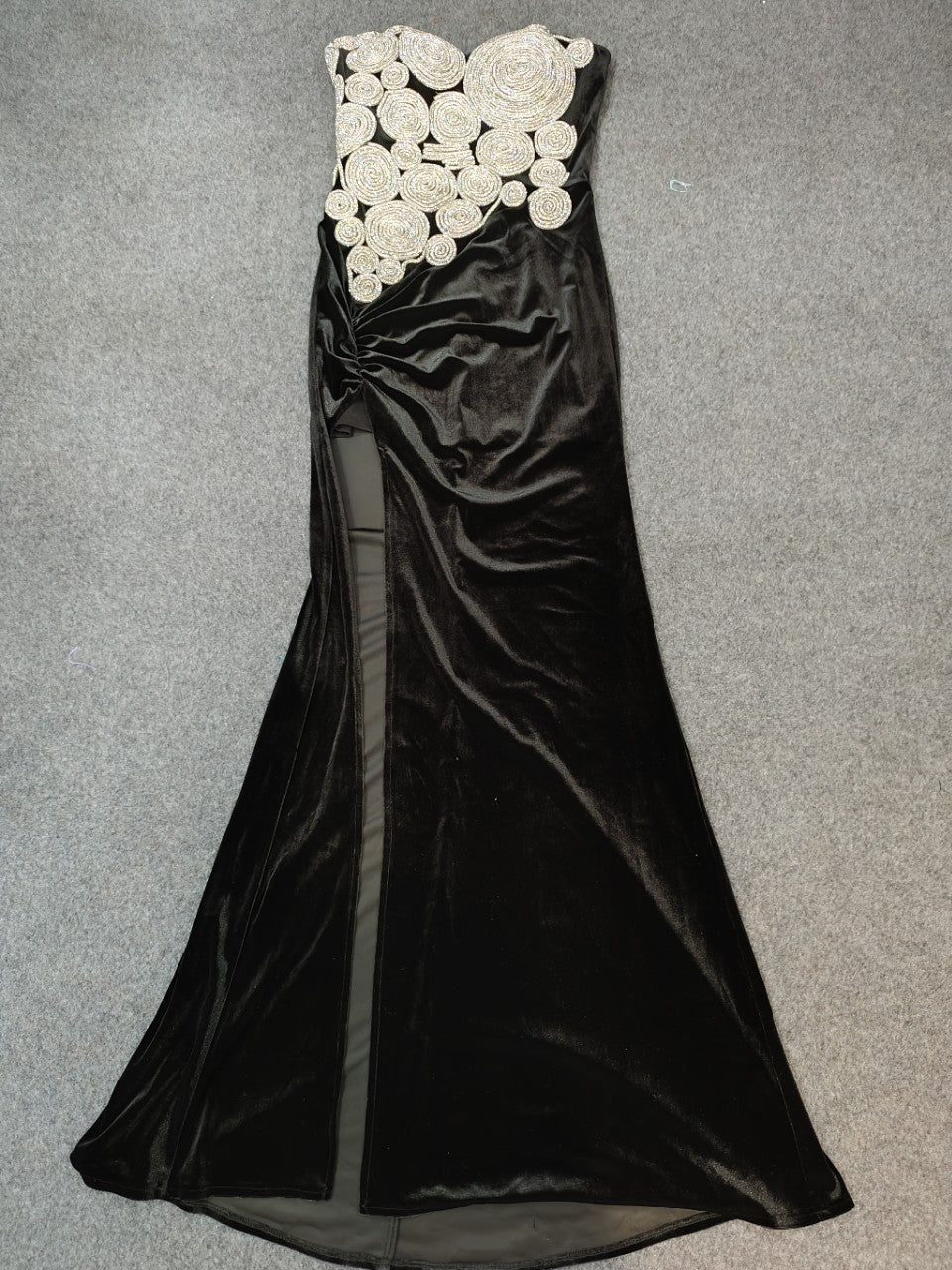 jennifer Crystal Strapless Velvet Split Maxi Dress