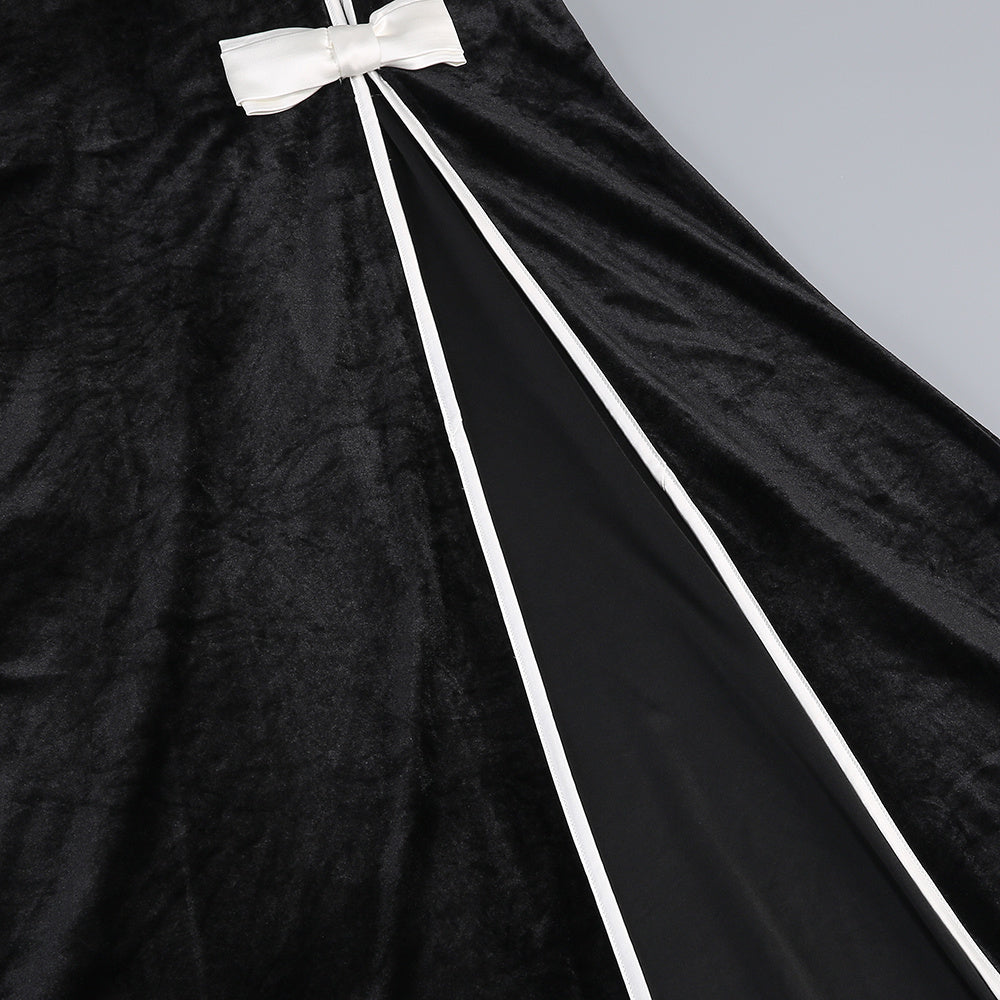 Cameron Bow Cascade Velvet Maxi Dress in black