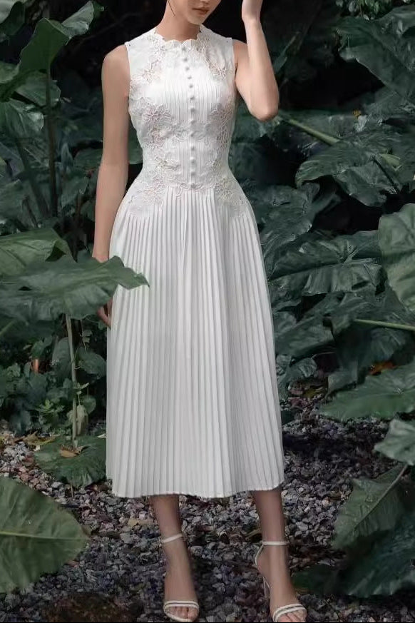shirley white lace embroidery pleated midi dress