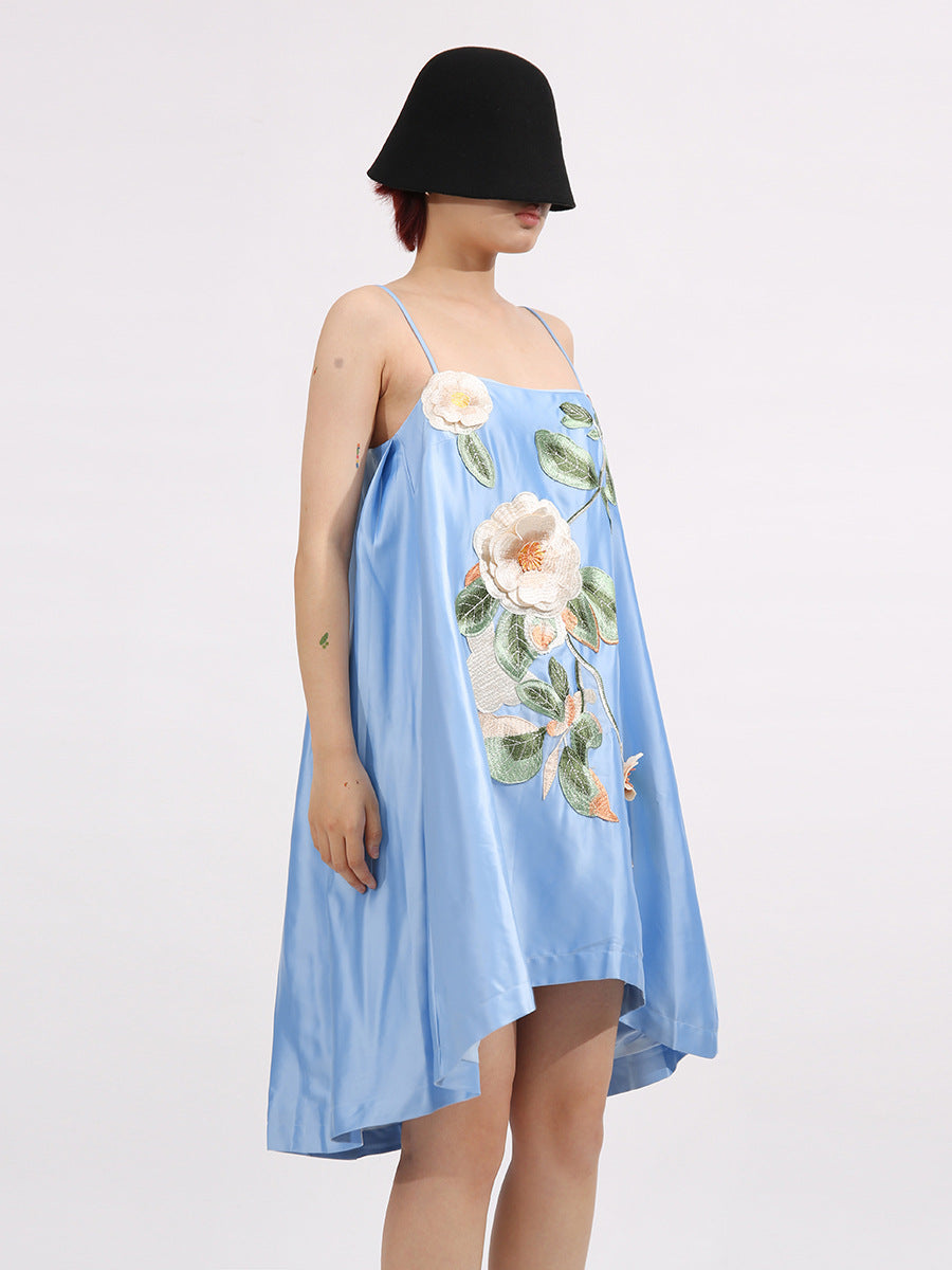 evangeline applique floral Embroidered Mini Dress in blue