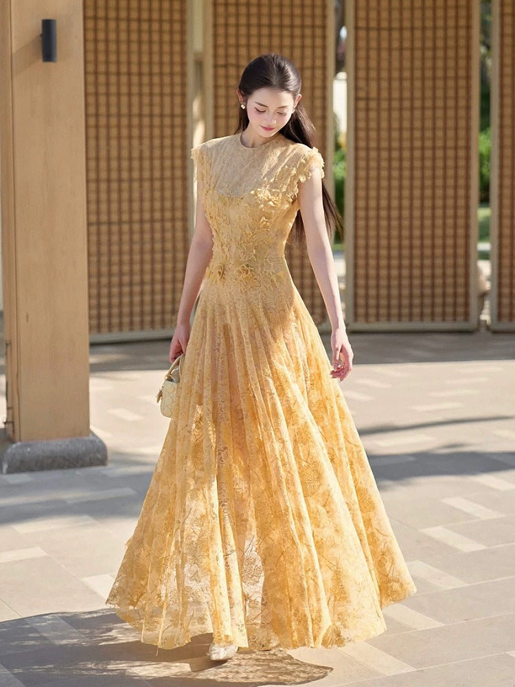 yedda yellow Lace Flower embellished maxi Dress