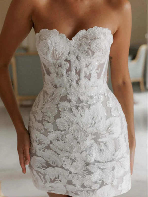 simona Jacquard embroidered strapless mini dress in white