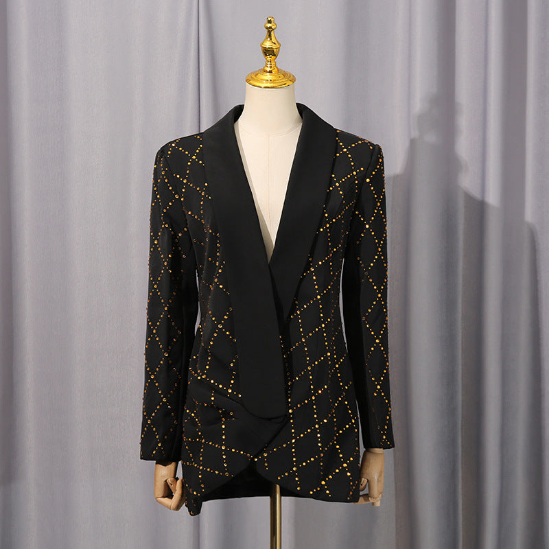 dolores black Folded Collar Rhinestone Blazer - Stylish black dress for special occasions | Buy Online