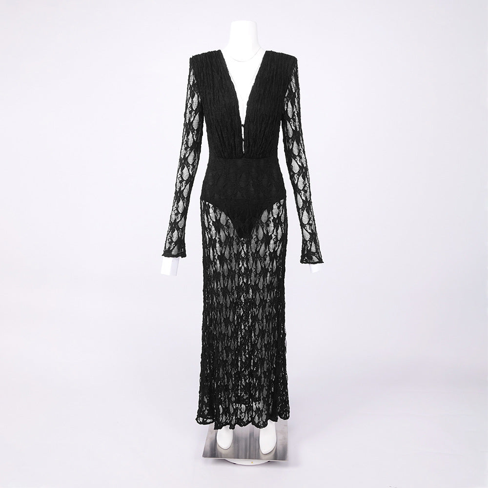 florence v neck hollow long sleeve lace maxi dress  in black