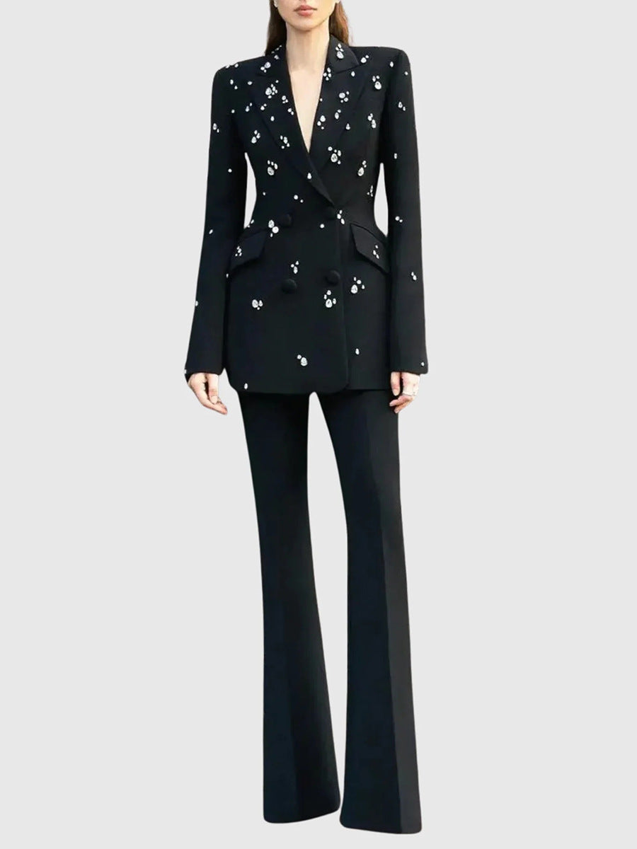 kitty black Straight Flared Velvet Floor Length Pants rhinestone blazer set