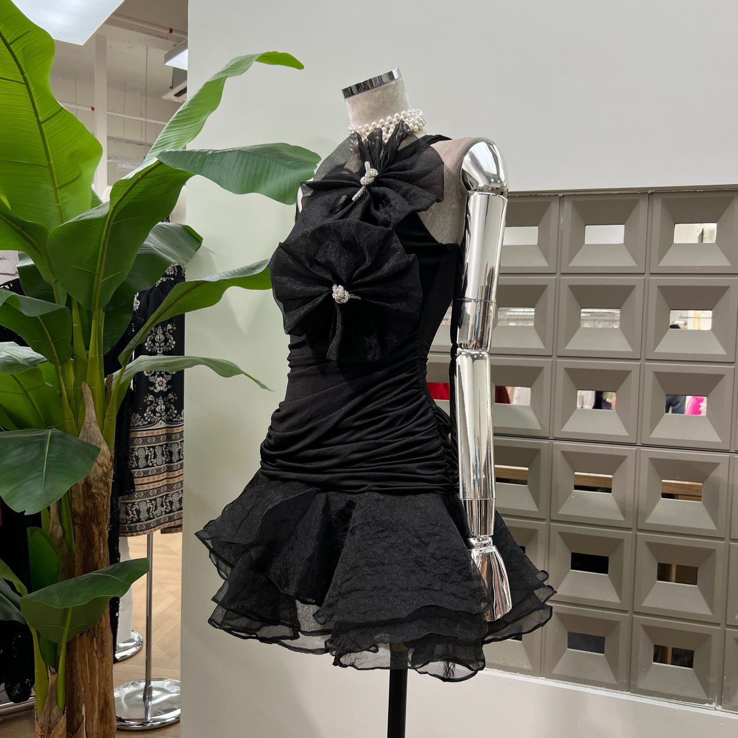 Daireann Ruch Flower Mini Dress In Black