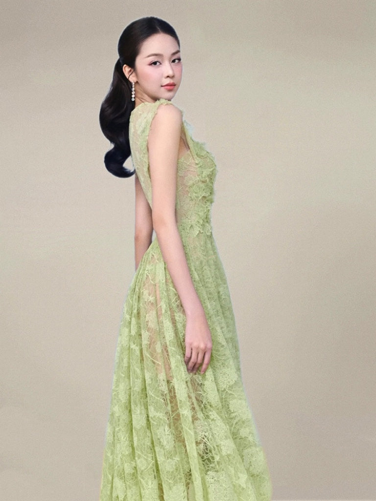 yedda green Lace Flower embellished maxi Dress