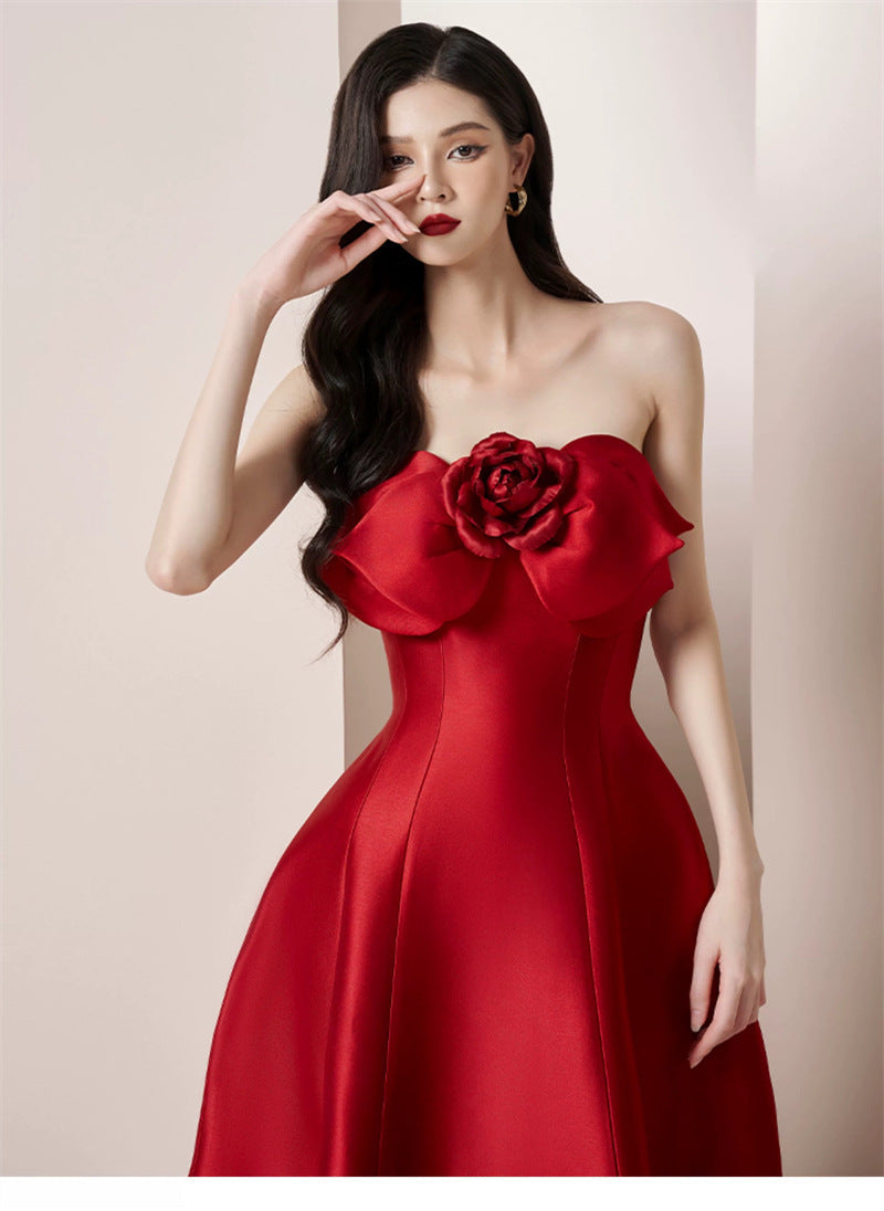 mignon 3d flower satin strapless midi dress in red - Stylish red dress for special occasions | Buy Online
