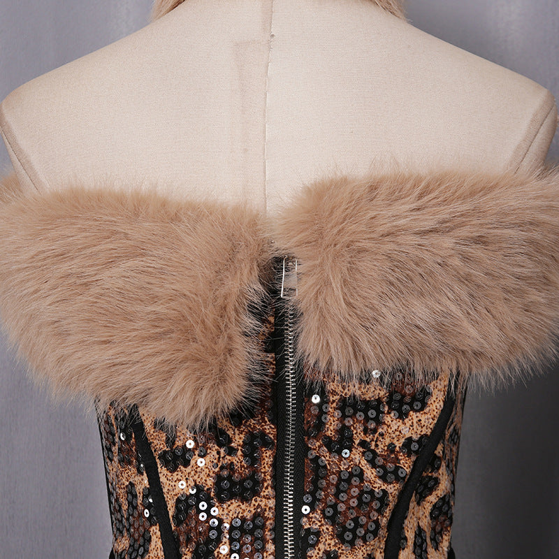 Marcos Leopard Fur Sequin Skirt Set