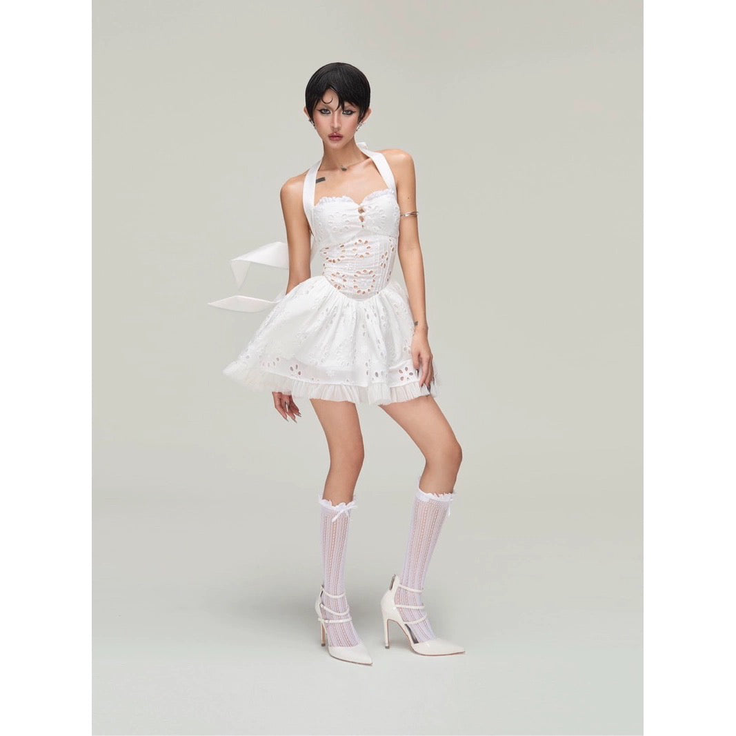 Stylish red dress | halter embroidered hollow mini dress in white - Ideal for special occasions