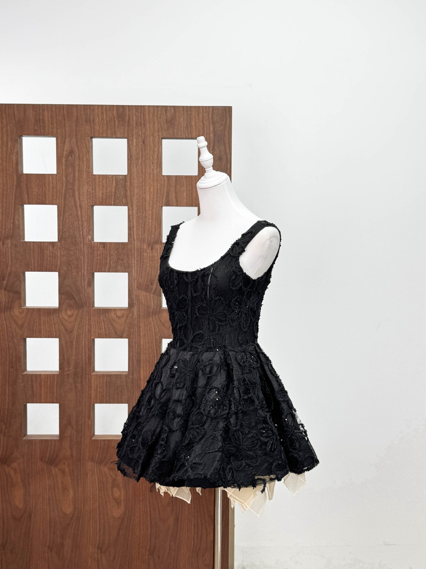 vanessa black floral embroidery sequin  puffy mini dress