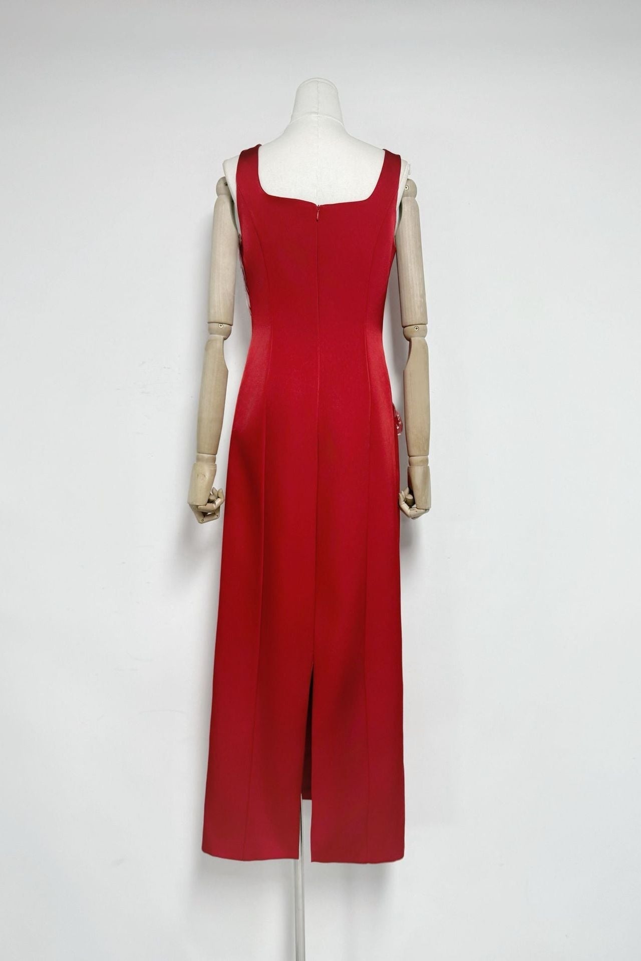 victoria red square neck flower embroidery satin maxi dress
