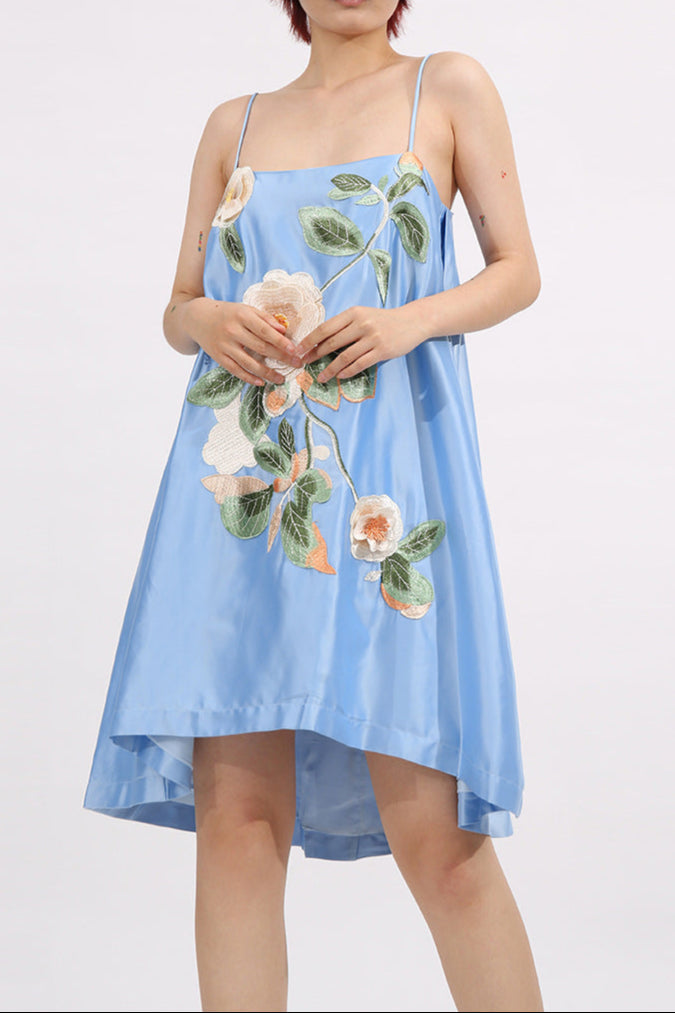 evangeline applique floral Embroidered Mini Dress in blue
