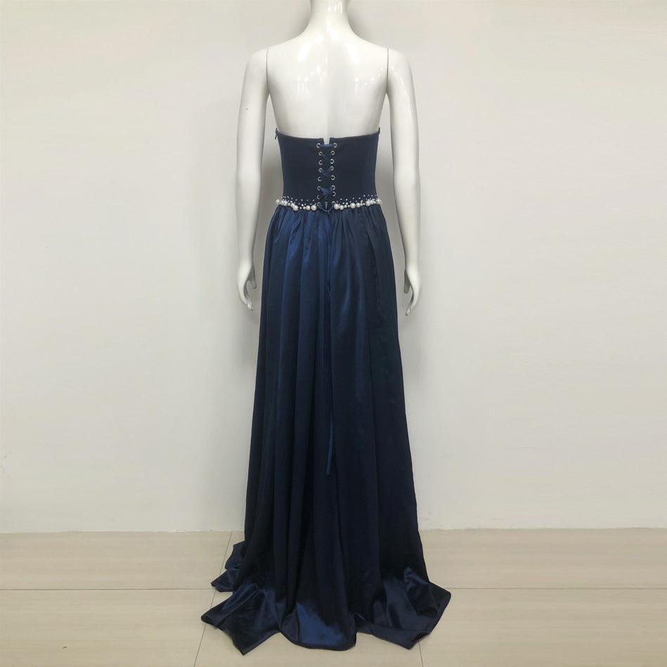 alison Dark Blue Pearls Embroidered strapless maxi Dress