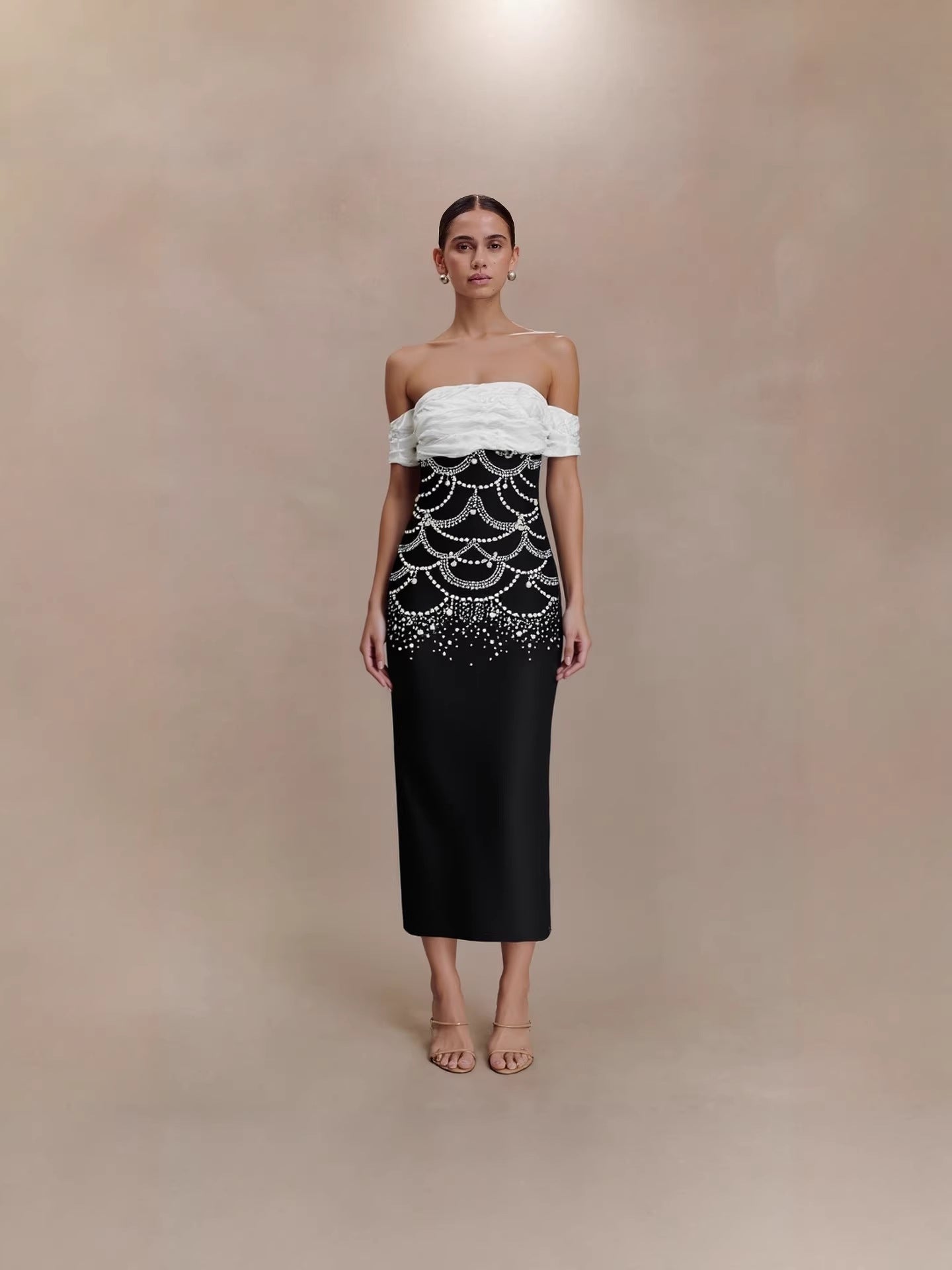 louise beading rhinestone strapless midi dress in black