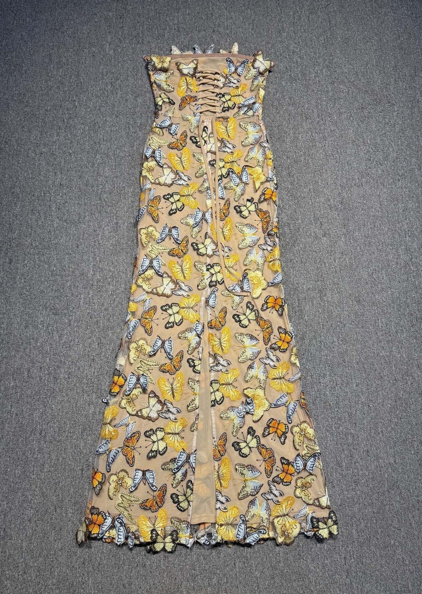 letitia multicolor 3D Butterfly Lace Strapless maxi Dress