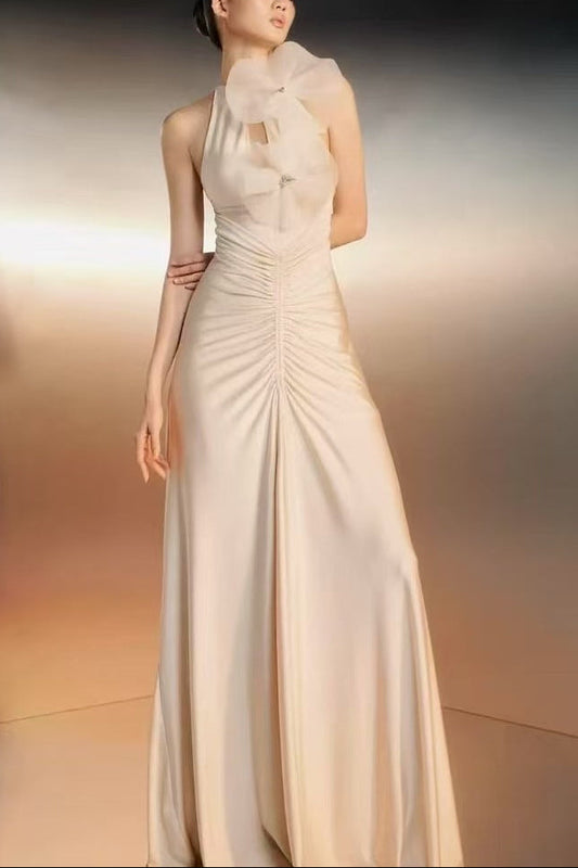 Ellalabel destiny Flower bow pleated bodycon maxi dress in white - Crafted from High-quality Fabrication- Ideal for Wedding Guest and Formal Galas.