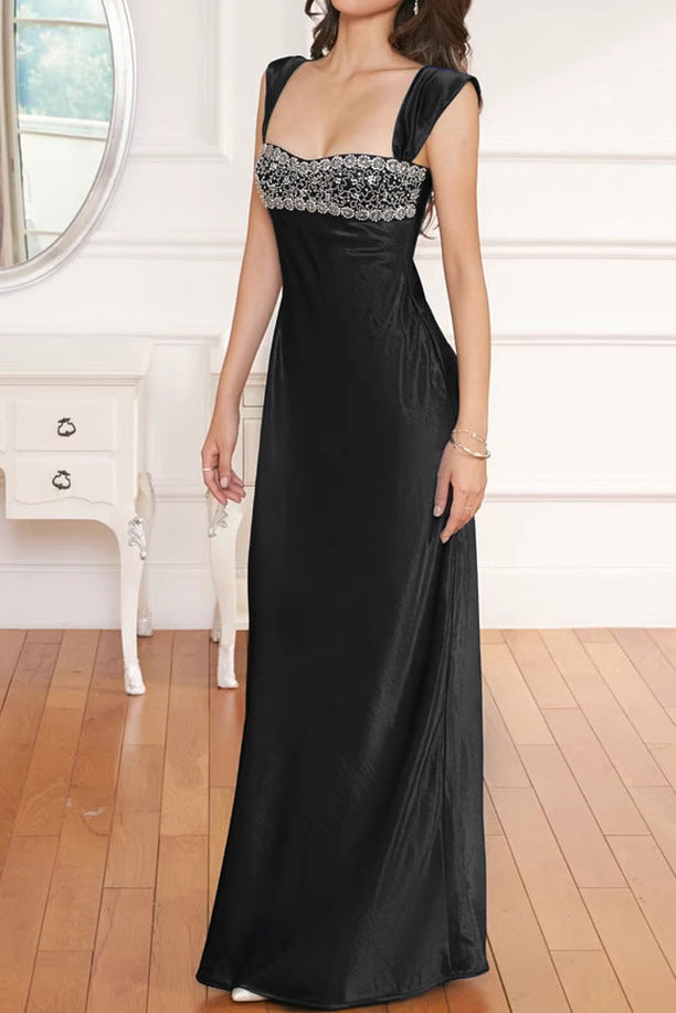 sabrina black Rhinestone embellished Satin Maxi Dress